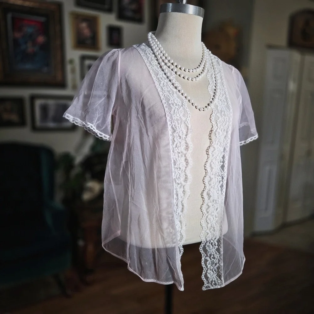 Vintage 70s Sedu Sheer Pink‎ Lace Trim Short Sleeve Kimono Robe One Size